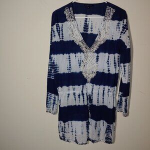 Spaggia Dolce Tie Dye Embellished Embroidered Beach Tunic Size M Blue White